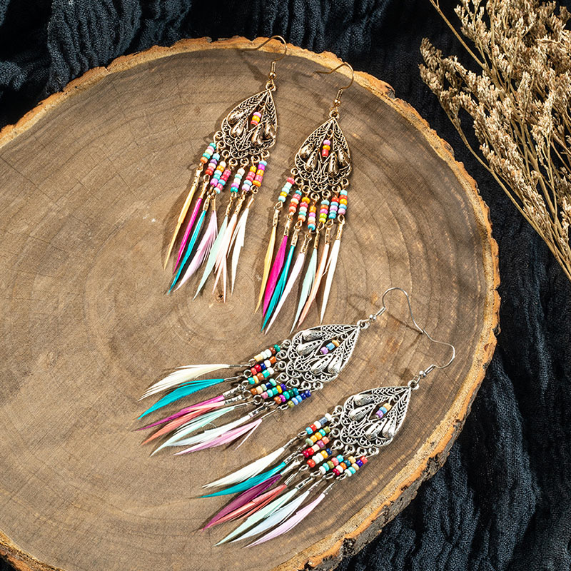 Ethnic Style Teardrop Tassel Colorful Rice Beads Feather Alloy Earrings Distributor