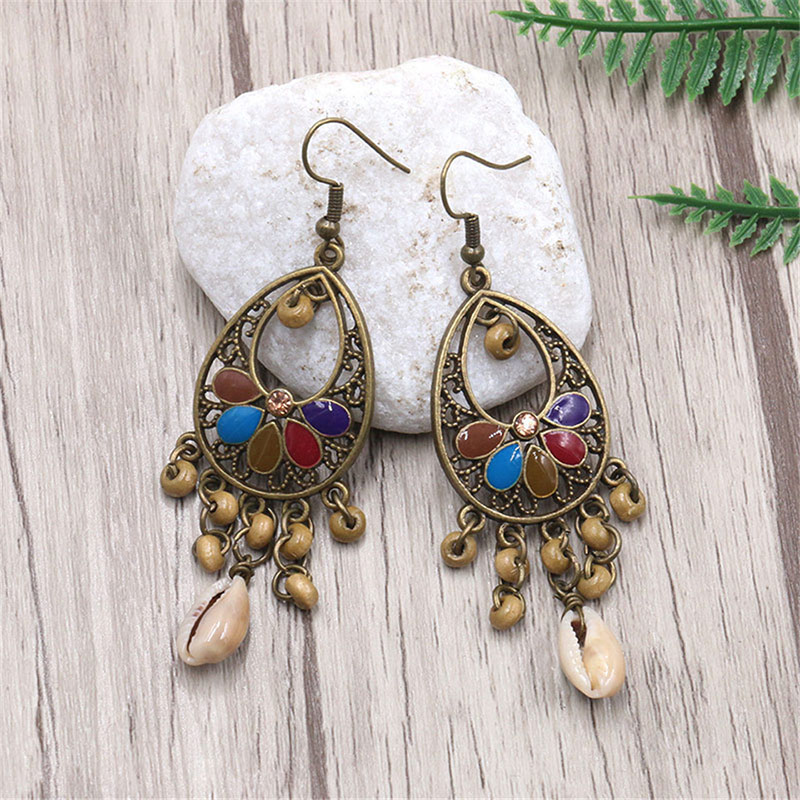 Vintage Oil-dripping Teardrop-shaped Alloy Earrings Wooden Beads And Shells Multi-element Manufacturer