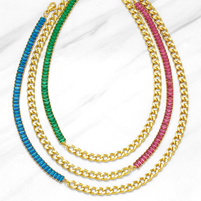 Colorful Zircon Stitching Cuban Chain Necklace Personality Exaggerated Clavicle Chain Supplier