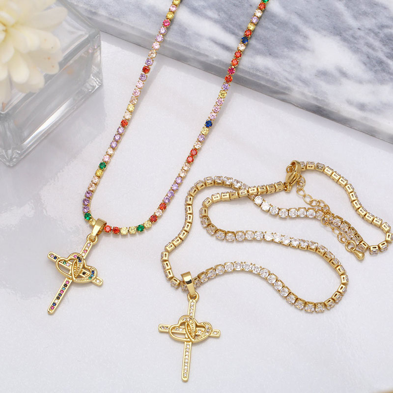 Tennis Chain Single Row Diamond-set Colorful Zirconia Love Cross Collarbone Chain Necklace Supplier