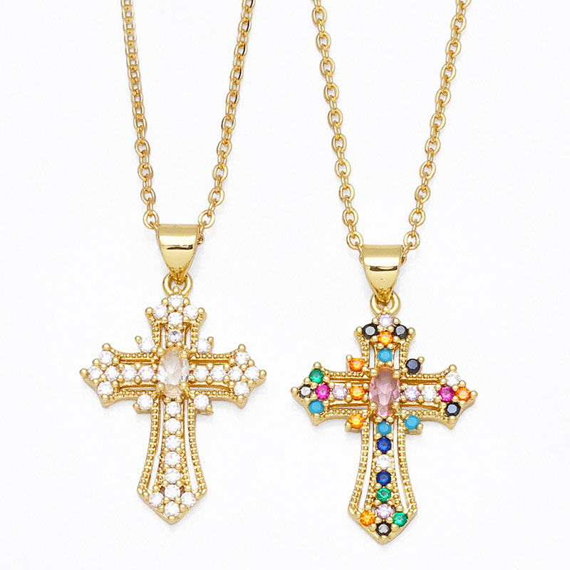 Copper Micro-set Colored Zirconia Necklace Cross Pendant Clavicle Chain Supplier