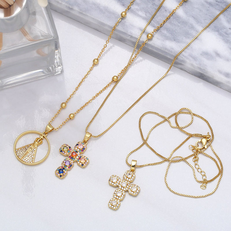 Hip Hop Fashion Copper With Colorful Zirconia Cross Pendant Necklace Supplier