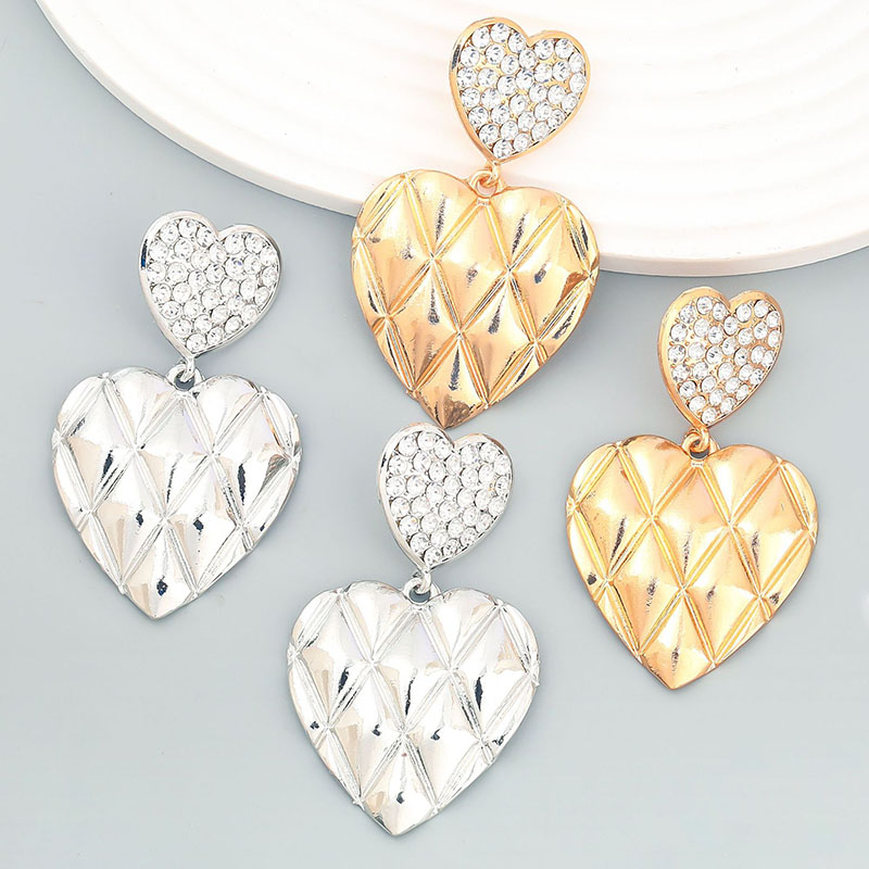 Diamond Lattice Texture Double Layer Heart Shaped Alloy Earrings With Diamonds Manufacturer