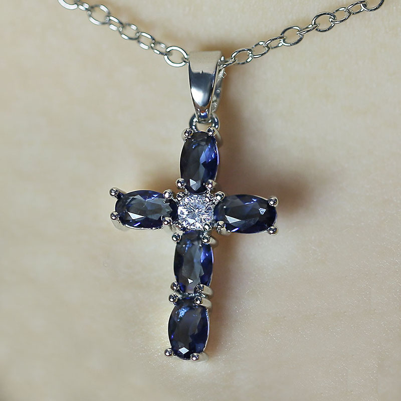 Simple Cross Necklace With Blue Oval Zircon Supplier