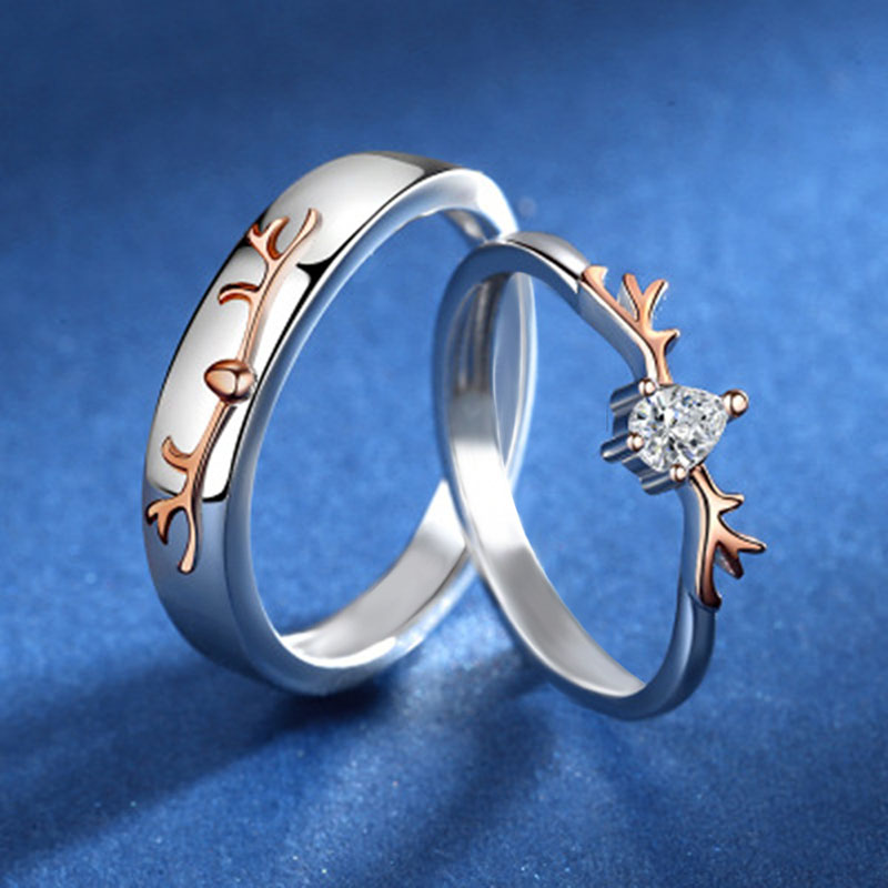 Simple Elk Antler Couple Two-color Copper With Zirconia Ring Distributor