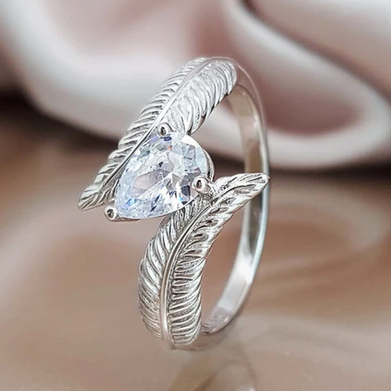 Copper Silver Plated Simple Creative Leaf Drop Zirconia Ring Supplier
