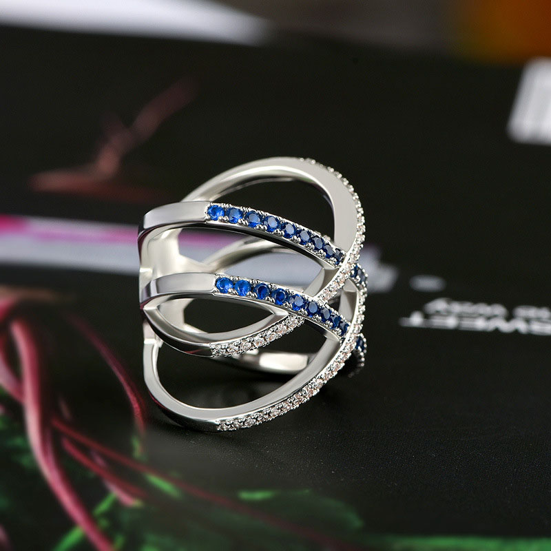 Creative Cross X-shaped Full Blue Diamond Zirconia Ring Distributor
