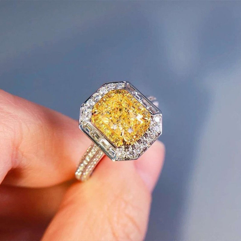 Micro Zirconia Two-tone Diamond Ring Square Yellow Diamond Supplier