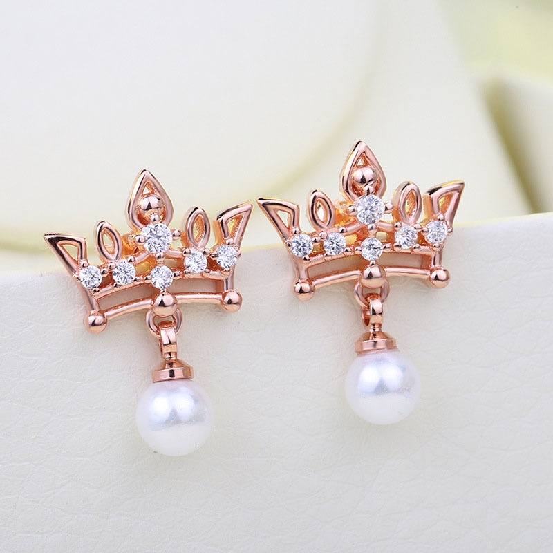 Palace Style Crown Zircon Earrings Female Imitation Pearl Rose Gold Earrings Supplier