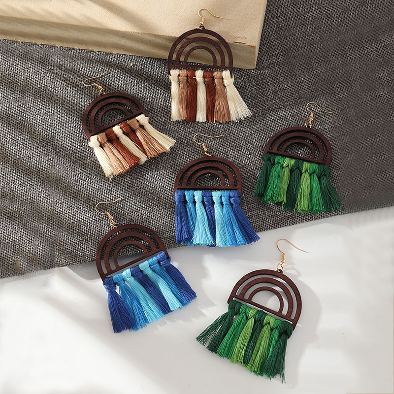 Wholesale Ethnic Wooden Rainbow Tassel Cotton Thread Earrings Hand-woven Earrings