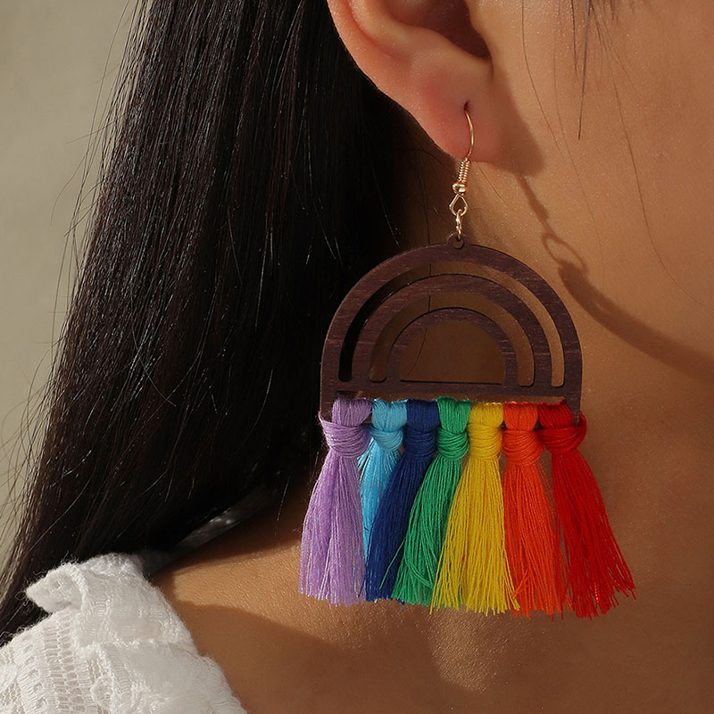 Wholesale Bohemian Ethnic Wooden Rainbow Tassel Cotton Thread Earrings