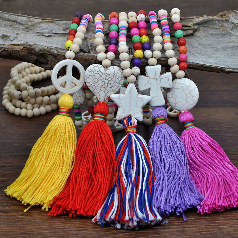 Colorful Bohemian Long Tassel Turquoise Pendant Wooden Beaded Necklace Manufacturer