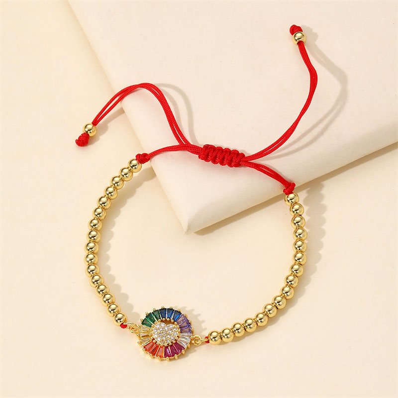 Colorful Zircon Love Bracelet Braided Bracelet With Copper Beads Adjustable Heart Bracelet Manufacturer