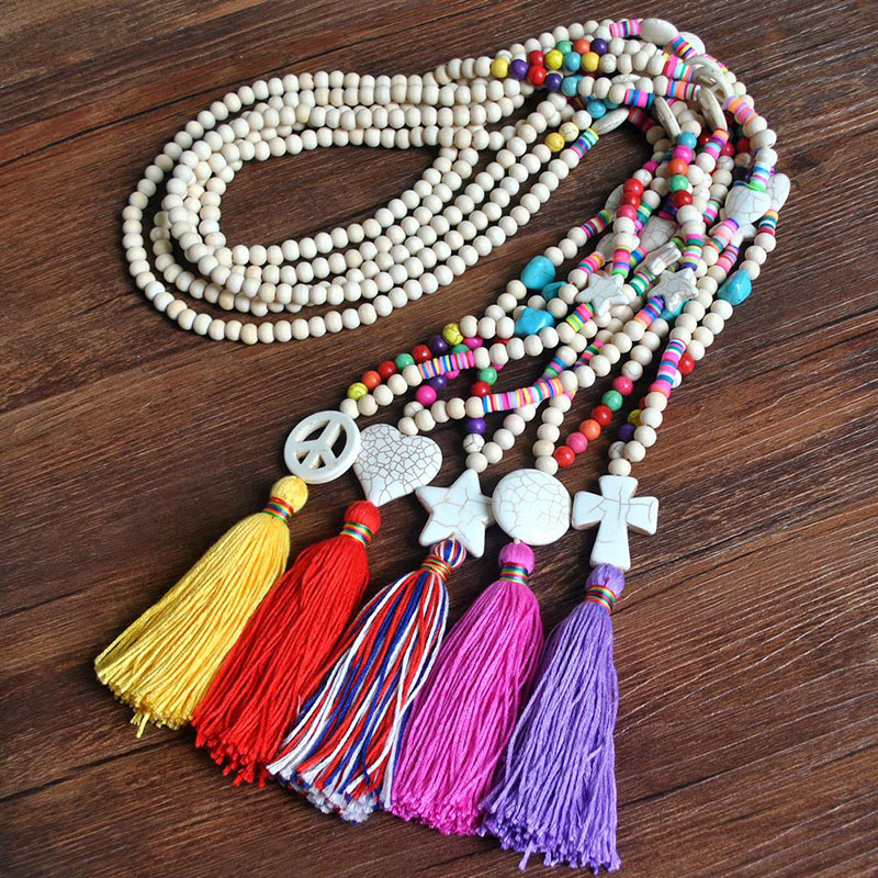 Wooden Beaded Tassel Colored Necklace Women Cross Peach Heart Star-shaped Turquoise Pendant Manufacturer