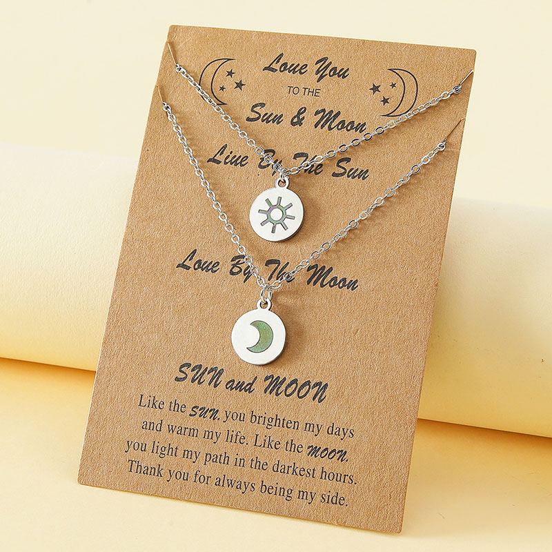 Couple Card Necklace Fashion Stainless Steel Sun And Moon Clavicle Chain Set Distributor