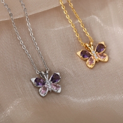 Wholesale Simple Pink And Purple Zircon Butterfly Necklace Micro-set Clavicle Chain