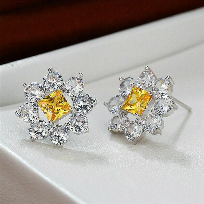Wholesale Jewelry Micro-set Yellow Diamond Zircon Earrings Women's Hollow Flower Earrings