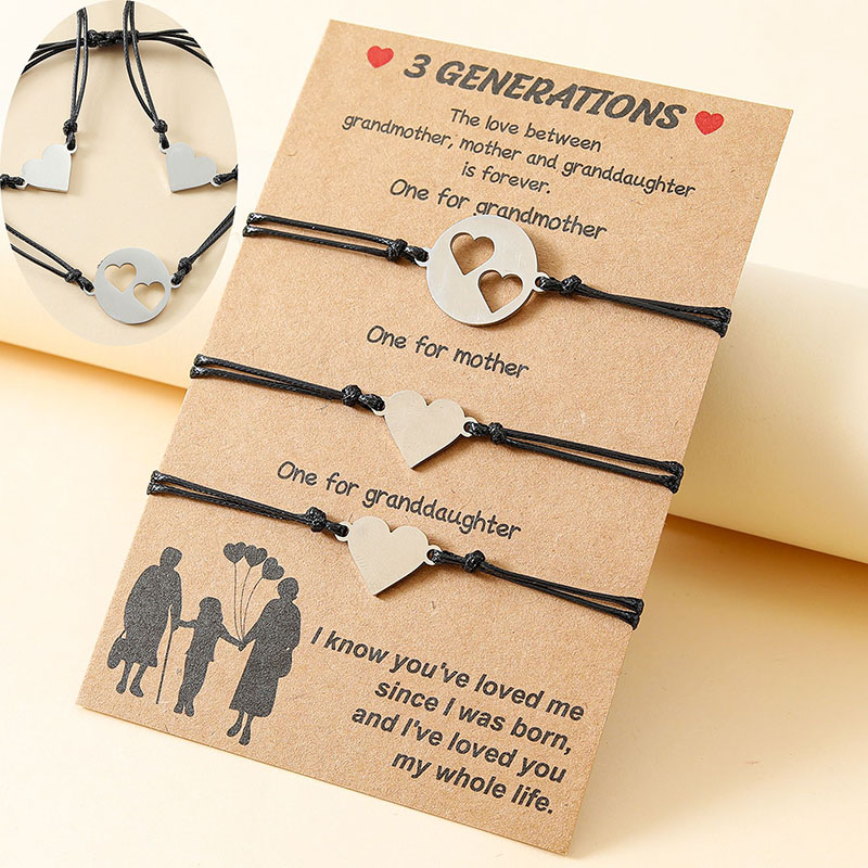 Wholesale Stainless Steel Hollow Heart Mother's Day Three Generations Of Cards Hand-woven Bracelet Set Of 3