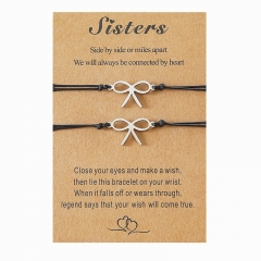 Stainless Steel Bow Good Sister Card Handmade Woven Bracelet Set Of 2 Distributor
