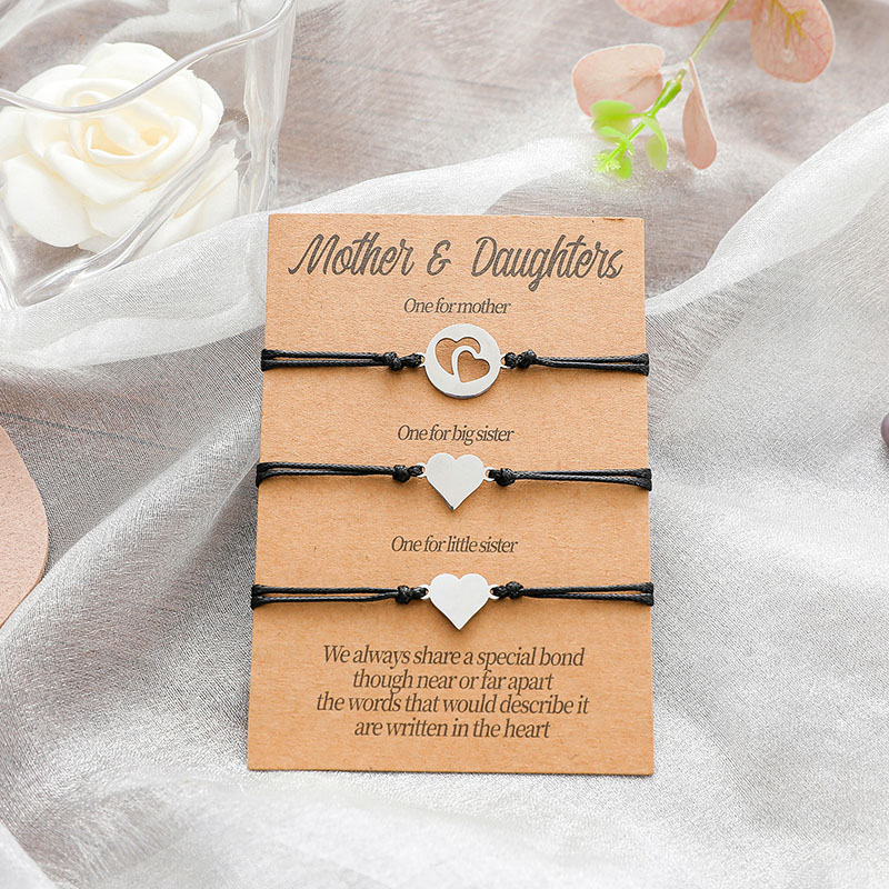 Wholesale Mother Daughter Card Bracelet Stainless Steel Hollow Double Heart Braided Bracelet Set Of 3