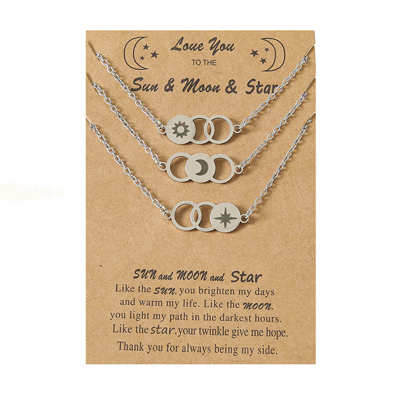 Wholesale Stainless Steel Circle Laser Sun Moon Star Card Necklace Bracelet Set