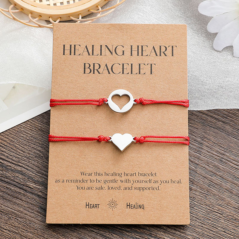 Wholesale Stainless Steel Healing Heart Card Bracelet Red Heart Shaped Waxed Wire Braided Bracelet