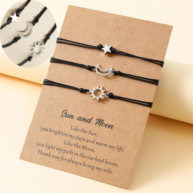 Wholesale Fashion Alloy Sun Moon Star Waxed Rope Handmade Braided Card Bracelet Set Of 3