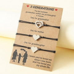 Stainless Steel Double Hollow Heart Shape Three Generations Of Parent-child Card Wax Rope Bracelet Distributor