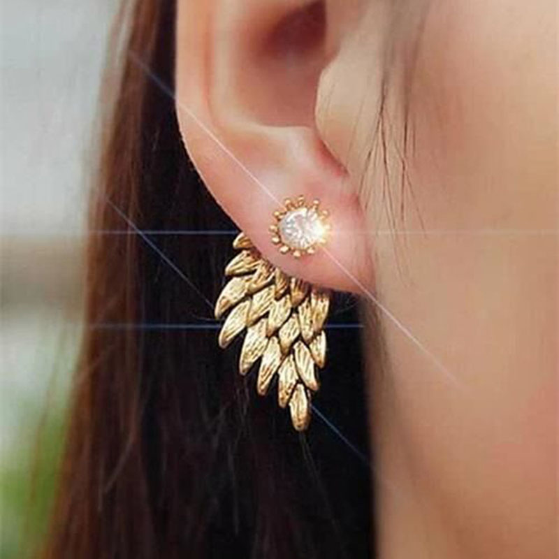 Wholesale Jewelry Retro Three-dimensional Angel Wings Through The Set Zirconia Feather Pierced Earrings