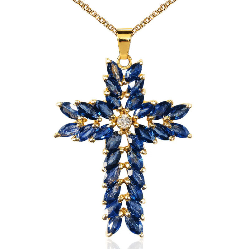 Exquisite Vintage Cross With Blue Crystal Necklace Distributor