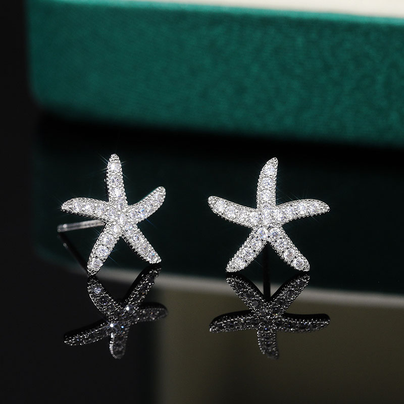 Wholesale Jewelry Starfish Stud Earrings Creative Pentagram Star Full Of Diamonds Zircon Earrings