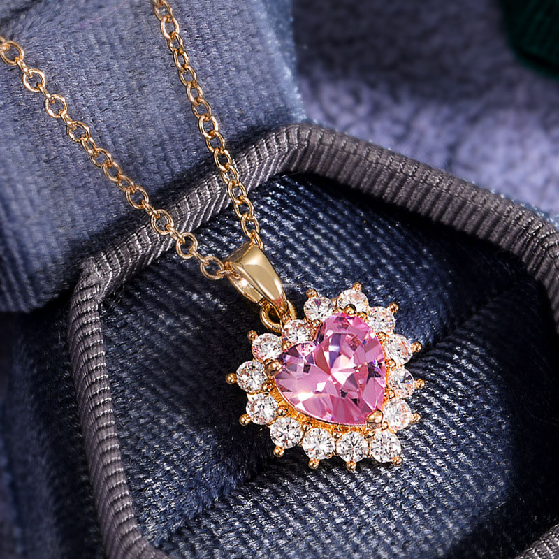Simple Pink Diamond Heart Zircon Necklace Cute Distributor