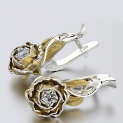 Wholesale Jewelry Fashion Peony Flower Earrings Ladies Copper Gold Plated Split Color Zircon Earrings Buckle