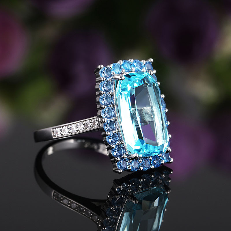 Fashion Large Rectangular Sky Blue Zircon Ring Distributor