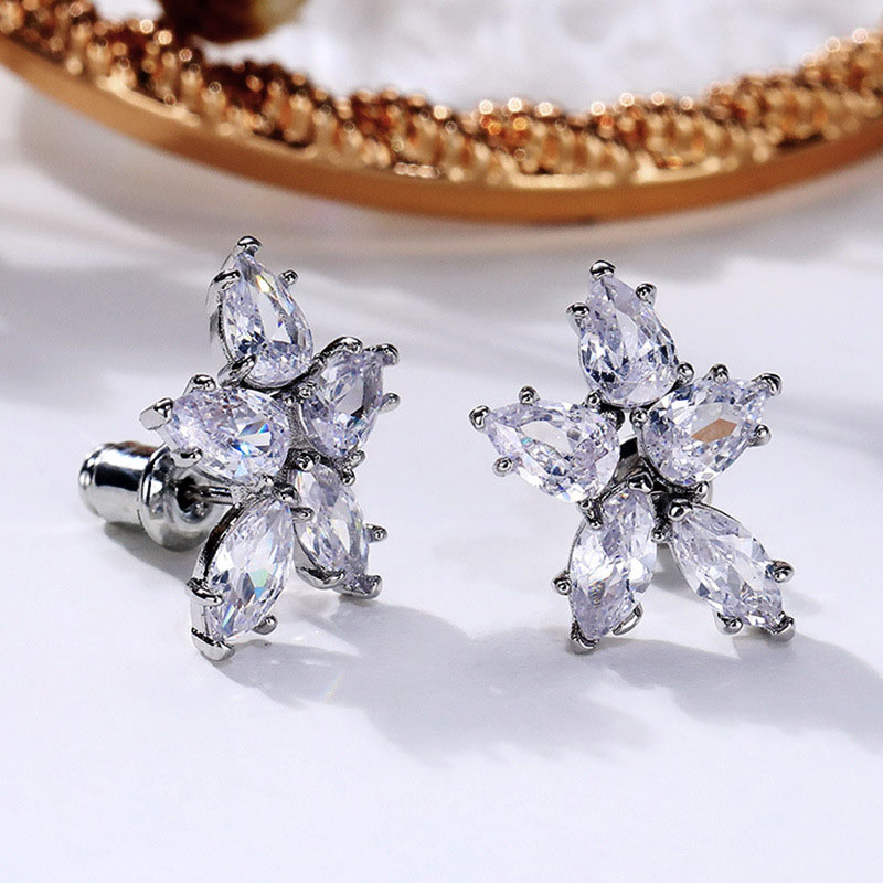 Wholesale Sweet Five Leaf Floral Crystal Stud Zircon Earrings