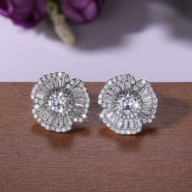 Wholesale French Earrings Full Diamond Super Sparkling Zirconia Camellia Studs