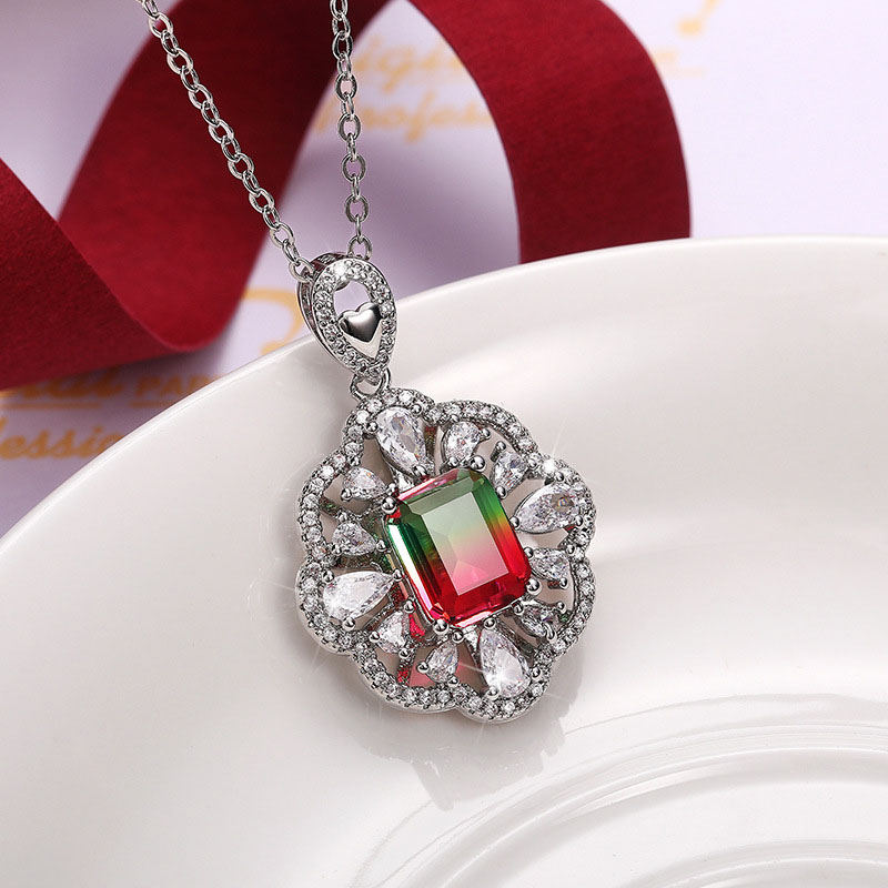 Wholesale Openwork Floral Fancy Coloured Gemstone Necklace Zirconia Pendant O-ring Chain