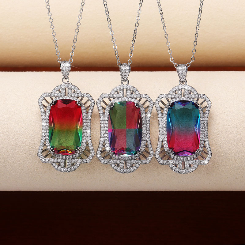Wholesale Colourful Gemstone Tourmaline Coloured Pendant Openwork Courtly Style Gradient Coloured Zircon Necklace