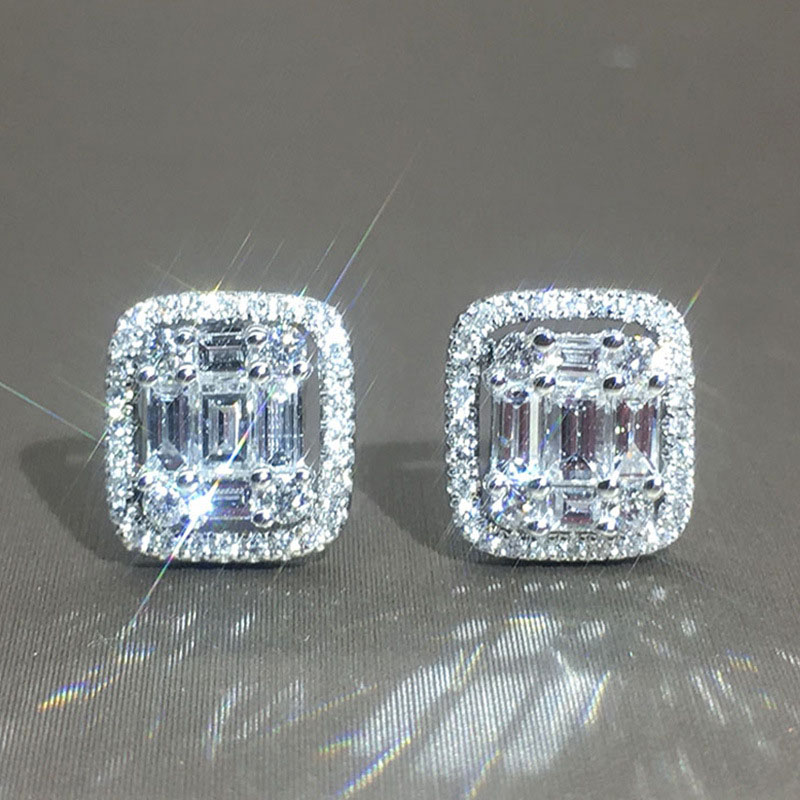 Wholesale T-square Zirconia Fashion Pop Earrings In White Gold With Diamonds
