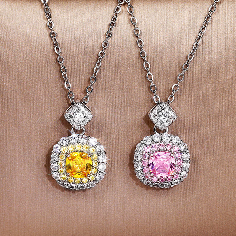 Square Diamond Pink Cluster Set Zirconia Pendant Necklace Manufacturer
