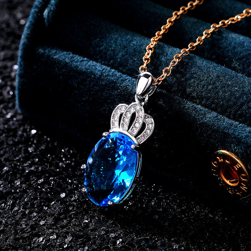 Crown Pendant Four Claw Copper And White Gold Plated With Aquamarine Zirconia Necklace Manufacturer
