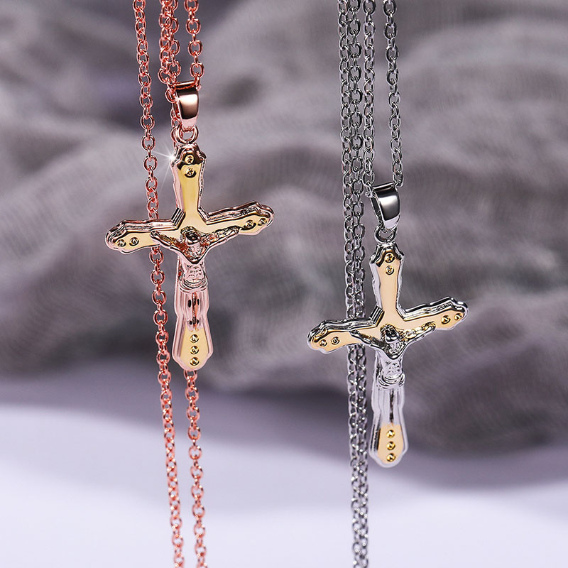 Jesus With Zirconia Copper And Gold Cross Pendant Necklace Manufacturer