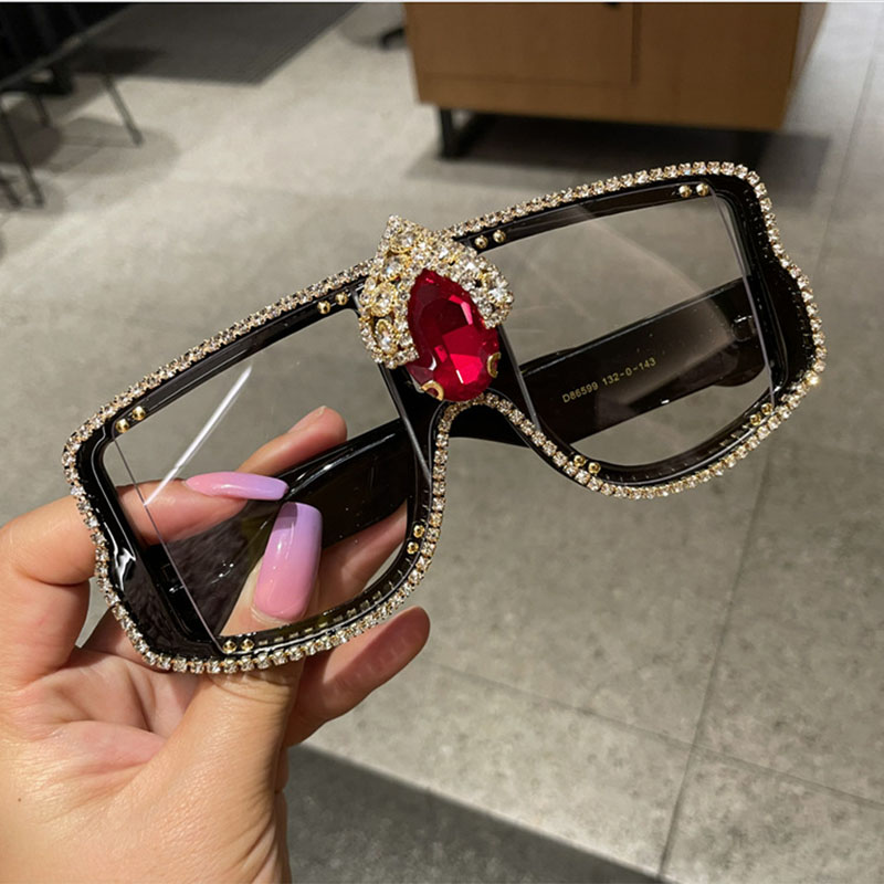 Diamond Encrusted Ruby Rhinestone Sunglasses Large Frame Square Plain Supplier