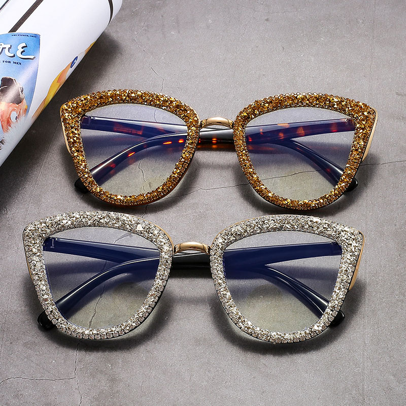 Retro Cat Eye Diamond Studded Sunglasses Flat Mirror Large Frame Supplier