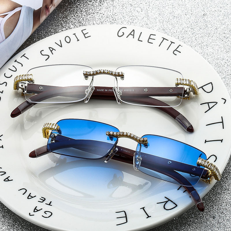 Fashion Diamond Studded Sunglasses Rimless Flat Mirror Wood Distributor