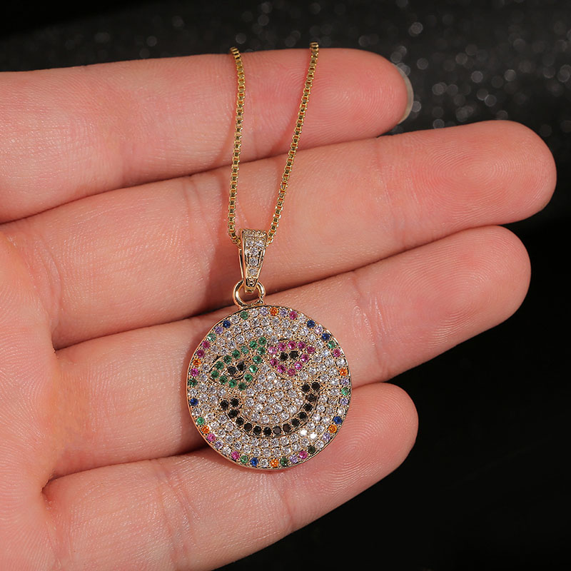 Geometric Micro-set Colored Zircon Necklace Jewelry Hip-hop Smiley Face Pendant Manufacturer