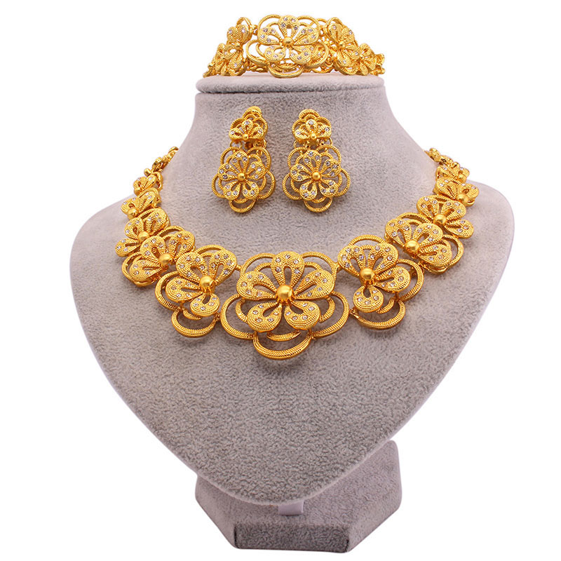 24k Gold Plated Bridal Jewelry Set Necklace Bracelet Ring Earrings Four Pieces Manufacturer