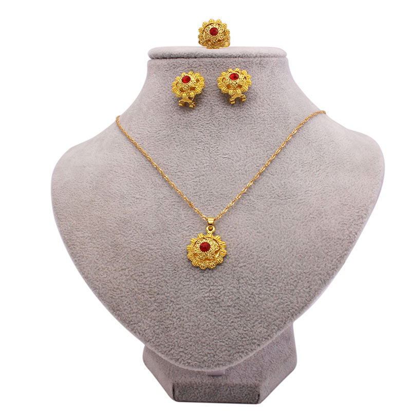 Bridal Jewelry Set Ladies Wedding Gold Necklace Earrings Ring Three Pieces Set Manufacturer