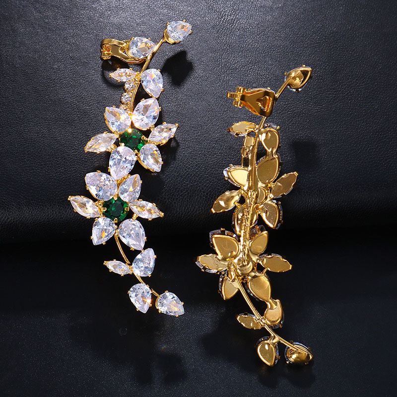 Wholesale Emerald Zircon Ear Clips Dress Accessories Fashion Temperament Bride Flower Earrings