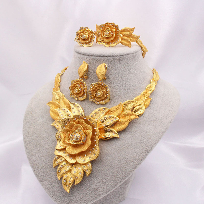 Gold Plated Necklace Earrings Ring Bracelet Wedding Four Piece Set Manufacturer